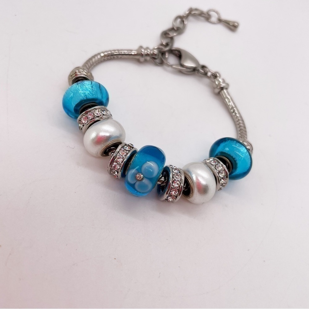 Bella Perlina Blue Glass Charms on Silver Tone Rope Chain Bracelet